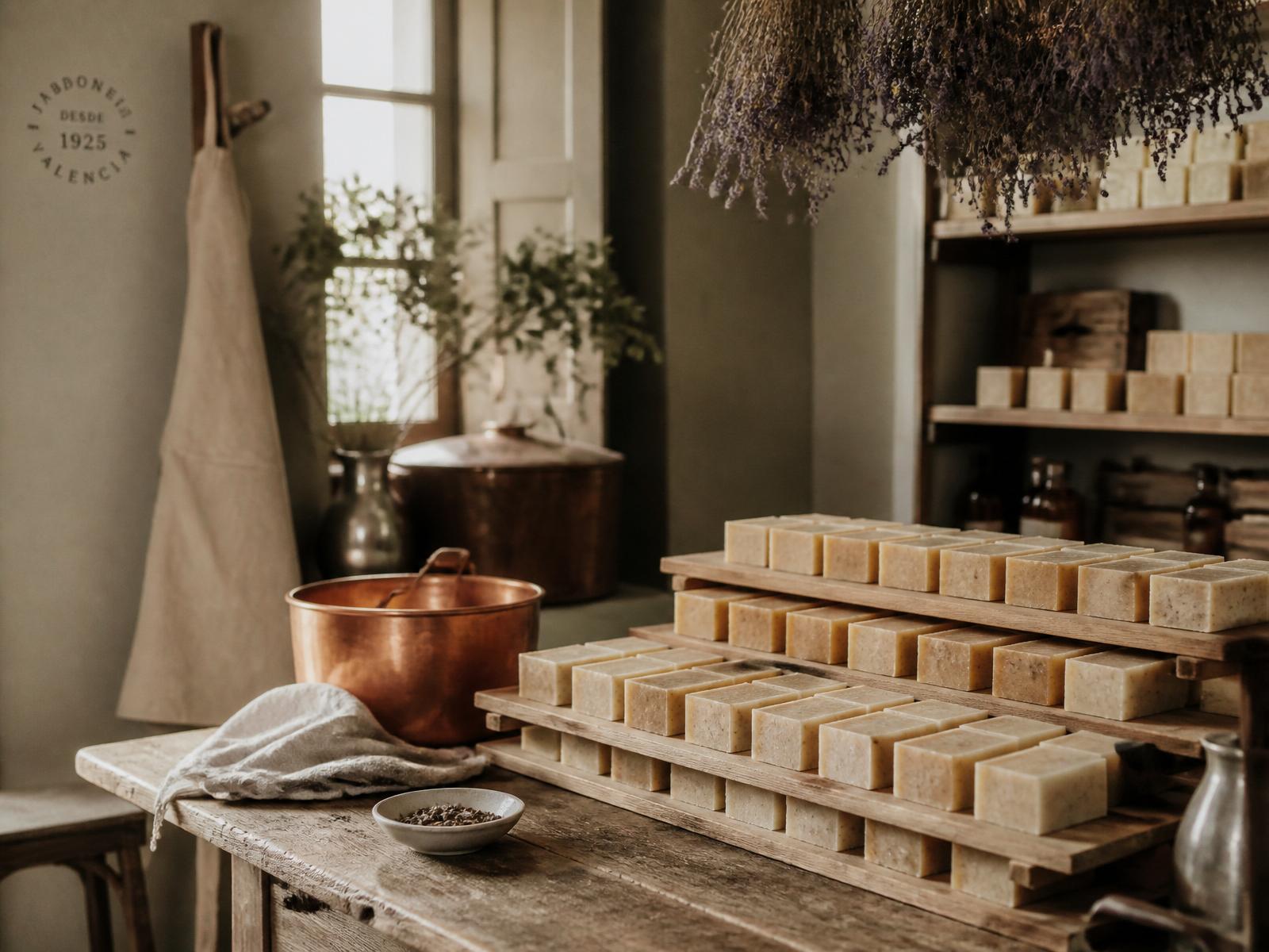 Spanish artisan soap workshop with curing racks